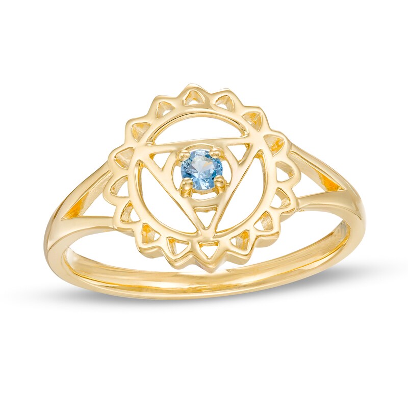 Main Image 1 of Swiss Blue Topaz Solitaire Throat Chakra Symbol Split Shank Ring in Sterling Silver with 18K Gold Plate - Size 7