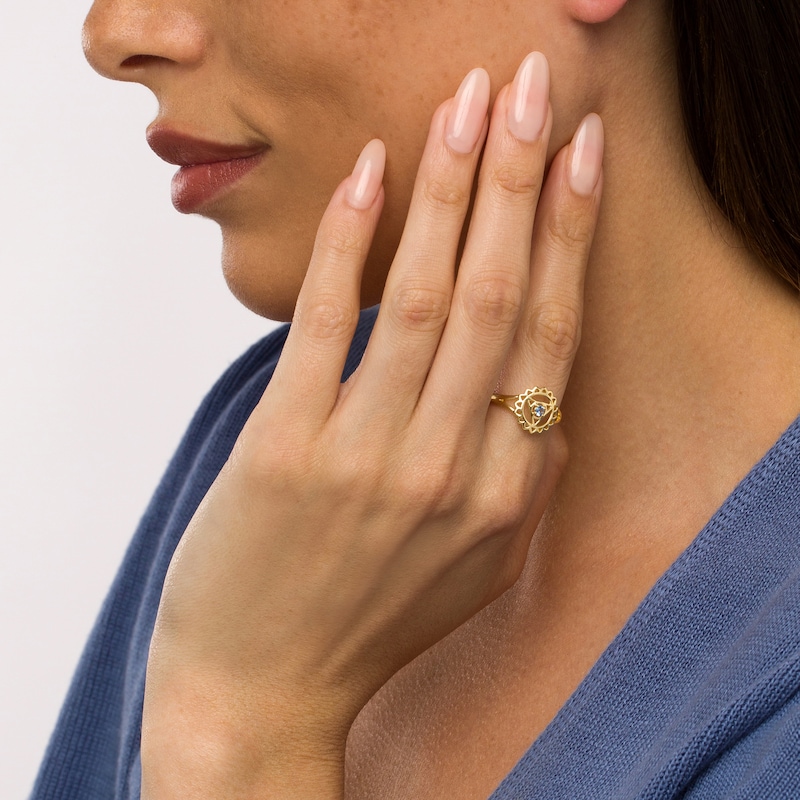 Main Image 2 of Swiss Blue Topaz Solitaire Throat Chakra Symbol Split Shank Ring in Sterling Silver with 18K Gold Plate - Size 7