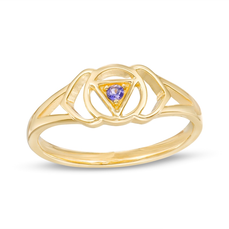 Main Image 1 of Iolite Solitaire Third Eye Chakra Symbol Split Shank Ring in Sterling Silver with 18K Gold Plate – Size 7