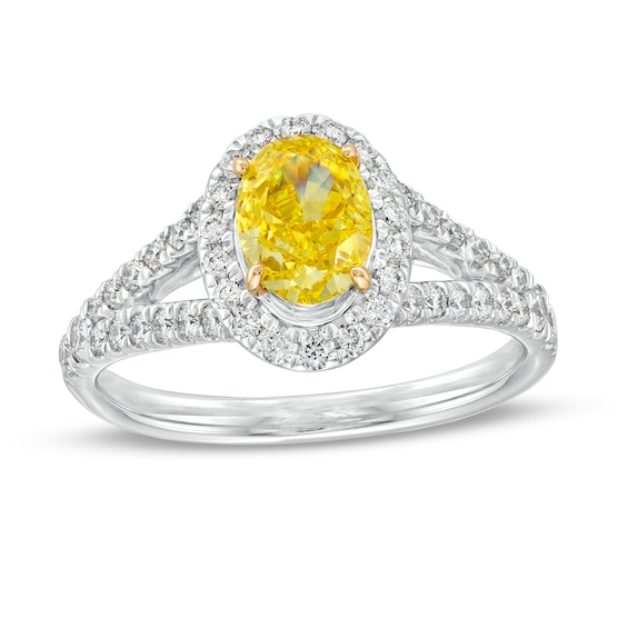 1-1/2 CT. T.w. Certified Oval Yellow Lab-Grown Diamond Frame Split Shank Engagement Ring in 14K White Gold