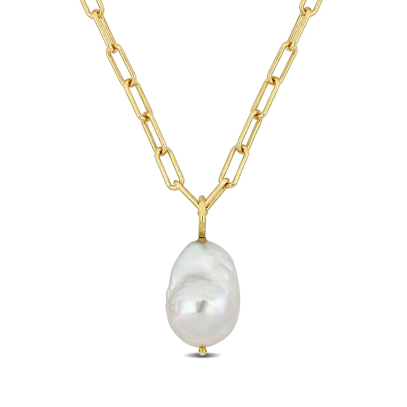 Main Image 1 of 13.0-13.5mm Baroque Freshwater Cultured Pearl Paper Clip Necklace in Sterling Silver with 18K Gold Plate