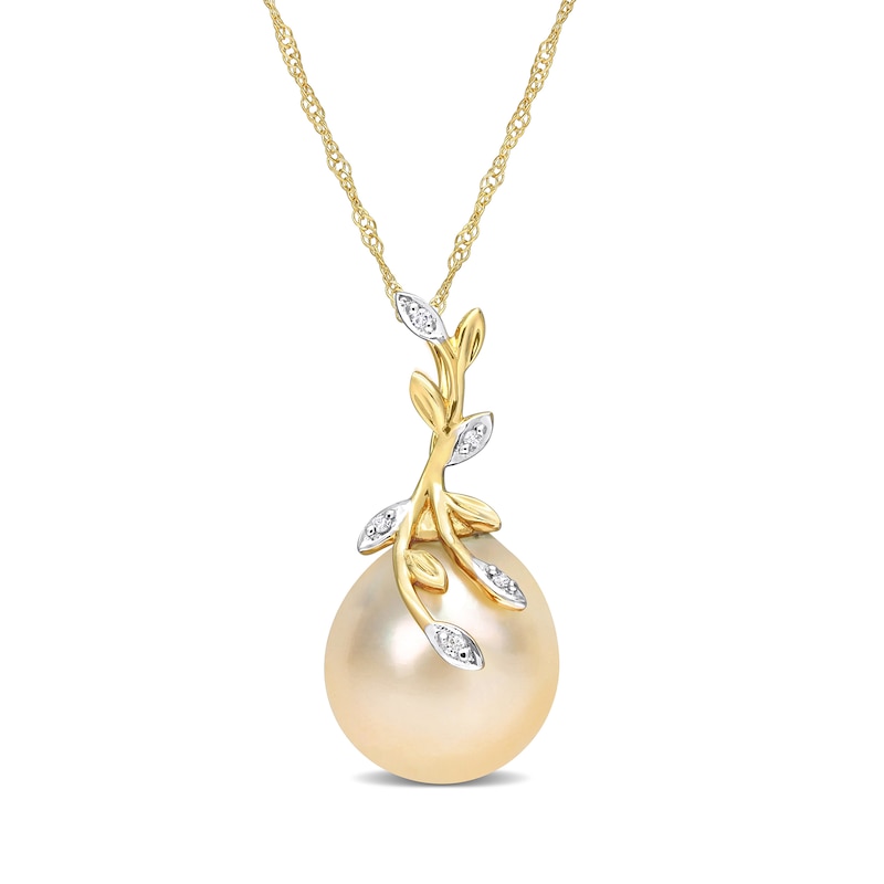 Main Image 1 of 12.0-12.5mm Baroque Golden South Sea Cultured Pearl and Diamond Accent Vine Pendant in 14K Gold-17&quot;