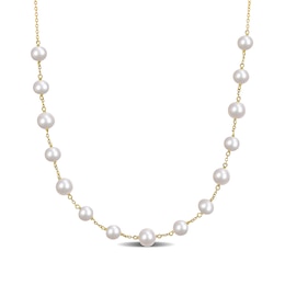 6.5-8.5mm Freshwater Cultured Pearl Bead Station Necklace in Sterling Silver with 18K Gold Plate