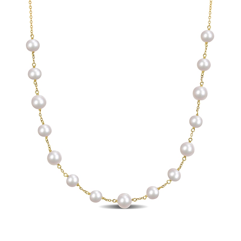 Main Image 1 of 6.5-8.5mm Freshwater Cultured Pearl Bead Station Necklace in Sterling Silver with 18K Gold Plate
