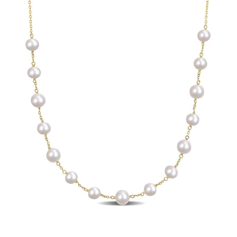 6.5-8.5mm Cultured Freshwater Pearl Bead Station Necklace in Sterling Silver with 18K Gold Plate