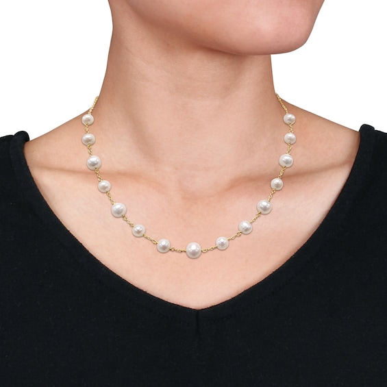 6.5-8.5mm Cultured Freshwater Pearl Bead Station Necklace in Sterling Silver with 18K Gold Plate