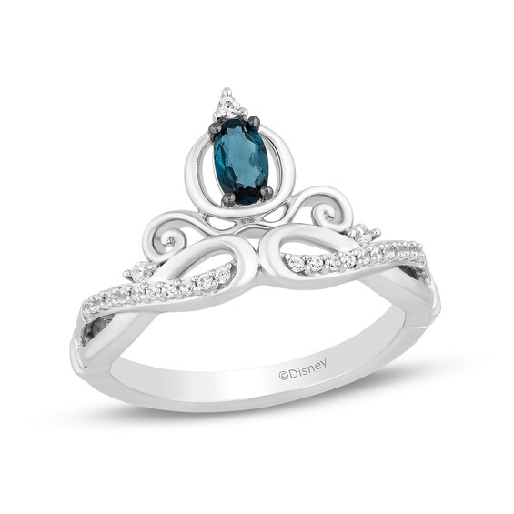 Enchanted Disney Cinderella Oval London Blue Topaz and 1/10 CT. T.w. Diamond Twist Shank Tiara Ring in Sterling Silver