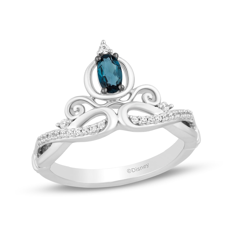 Main Image 1 of Enchanted Disney Cinderella Oval London Blue Topaz and 1/10 CT. T.W. Diamond Twist Shank Tiara Ring in Sterling Silver