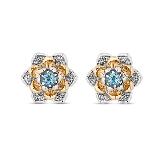 Enchanted Disney Jasmine Swiss Blue Topaz and 1/6 CT. T.w. Diamond Stud Earrings in Sterling Silver and 10K Gold