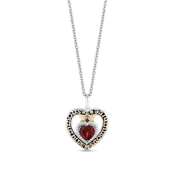 Enchanted Disney Snow White Garnet and 1/15 CT. T.w. Diamond Double Heart Pendant in Sterling Silver and 10K Gold - 19"