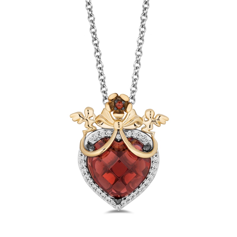 Main Image 1 of Enchanted Disney Snow White Garnet and 1/10 CT. T.W. Diamond Bow Overlay Heart Pendant in Sterling Silver and 10K Gold