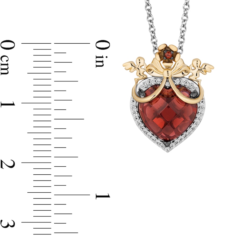 Main Image 3 of Enchanted Disney Snow White Garnet and 1/10 CT. T.W. Diamond Bow Overlay Heart Pendant in Sterling Silver and 10K Gold