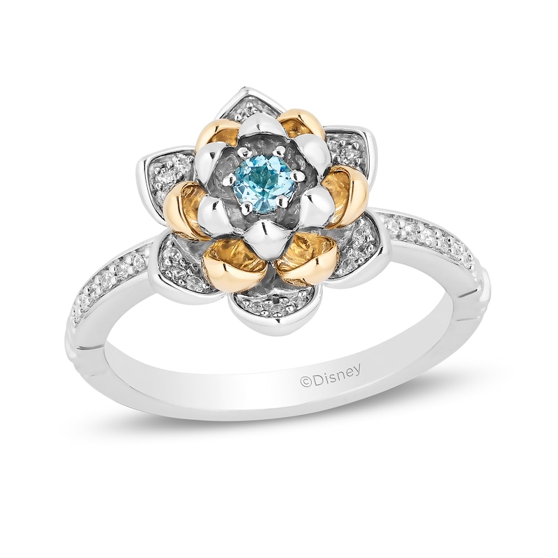 Main Image 1 of Enchanted Disney Jasmine 3.0mm Swiss Blue Topaz and 1/6 CT. T.W. Diamond Flower Ring in Sterling Silver and 10K Gold