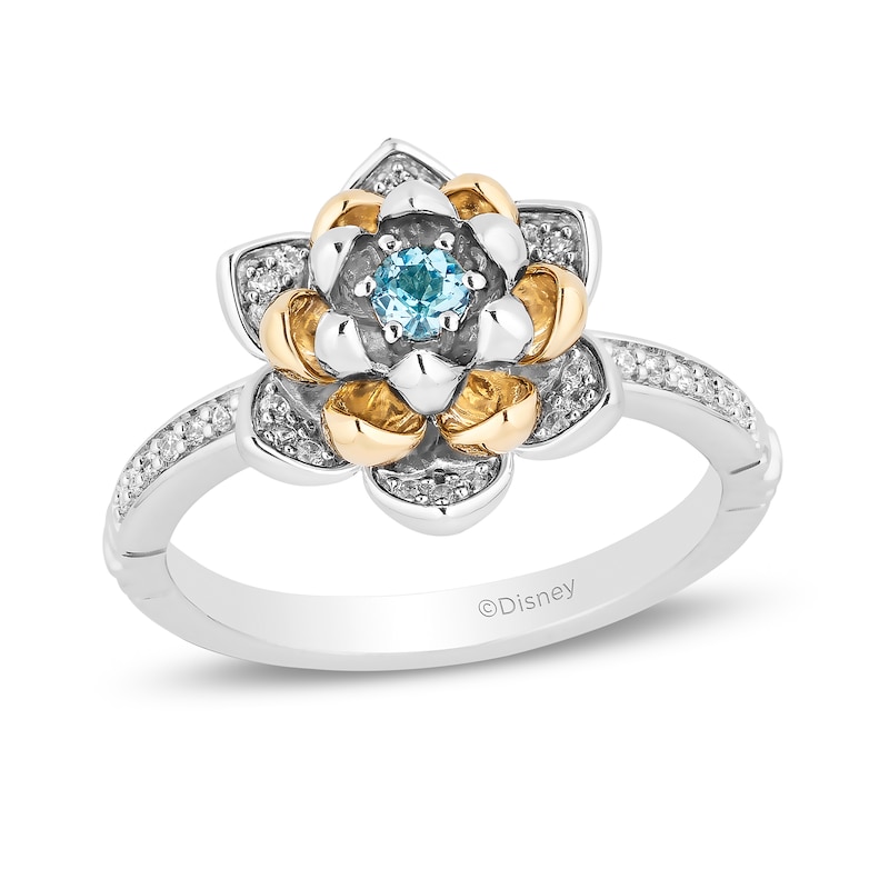 Enchanted Disney Jasmine 3.0mm Swiss Blue Topaz and 1/6 CT. T.W. Diamond Flower Ring in Sterling Silver and 10K Gold