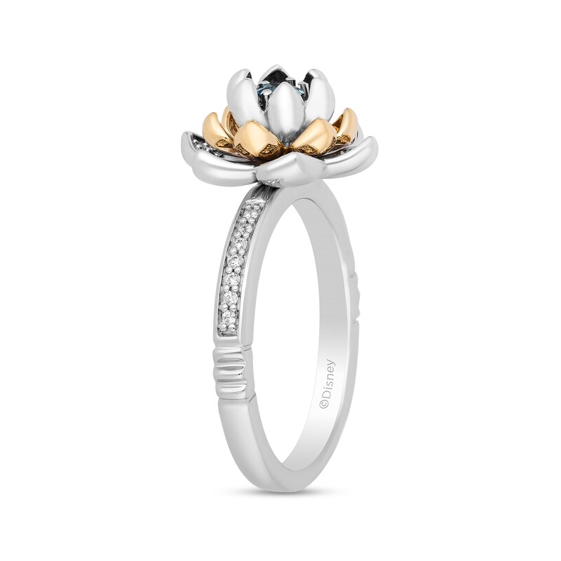 Main Image 2 of Enchanted Disney Jasmine 3.0mm Swiss Blue Topaz and 1/6 CT. T.W. Diamond Flower Ring in Sterling Silver and 10K Gold