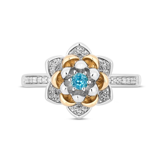 Enchanted Disney Jasmine 3.0mm Swiss Blue Topaz and 1/6 CT. T.w. Diamond Flower Ring in Sterling Silver and 10K Gold