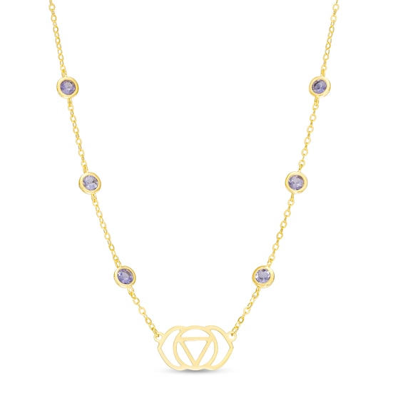 3.0mm Iolite Six Stone Station and Third Eye Chakra Symbol Necklace in Sterling Silver with 18K Gold Plate â 20"