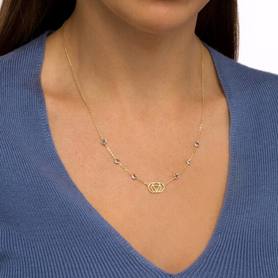 3.0mm Iolite Six Stone Station and Third Eye Chakra Symbol Necklace in Sterling Silver with 18K Gold Plate â 20"