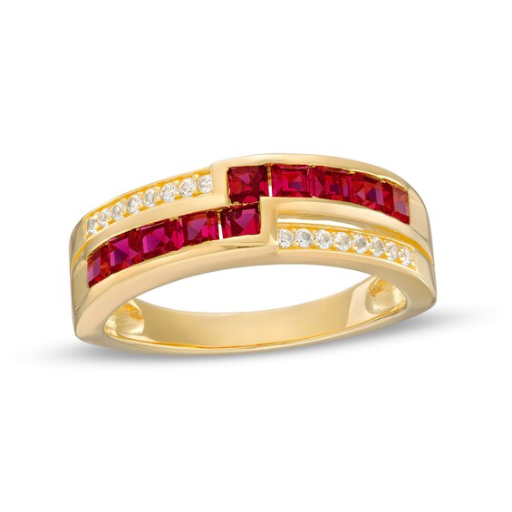 Princess-Cut Lab-Created Ruby and White Lab-Created Sapphire Double Row Band Ring in Sterling Silver with 14K Gold Plate
