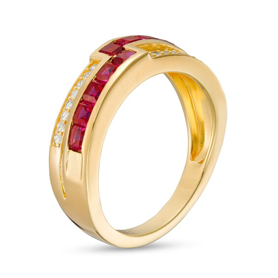 Princess-Cut Lab-Created Ruby and White Lab-Created Sapphire Double Row Band Ring in Sterling Silver with 14K Gold Plate