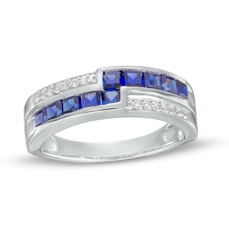 Main Image 1 of Princess-Cut Blue and White Lab-Created Sapphire Art Deco Double Row Band in Sterling Silver