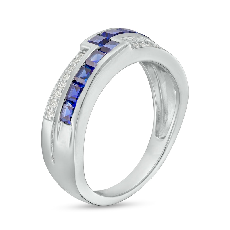 Main Image 3 of Princess-Cut Blue and White Lab-Created Sapphire Art Deco Double Row Band in Sterling Silver