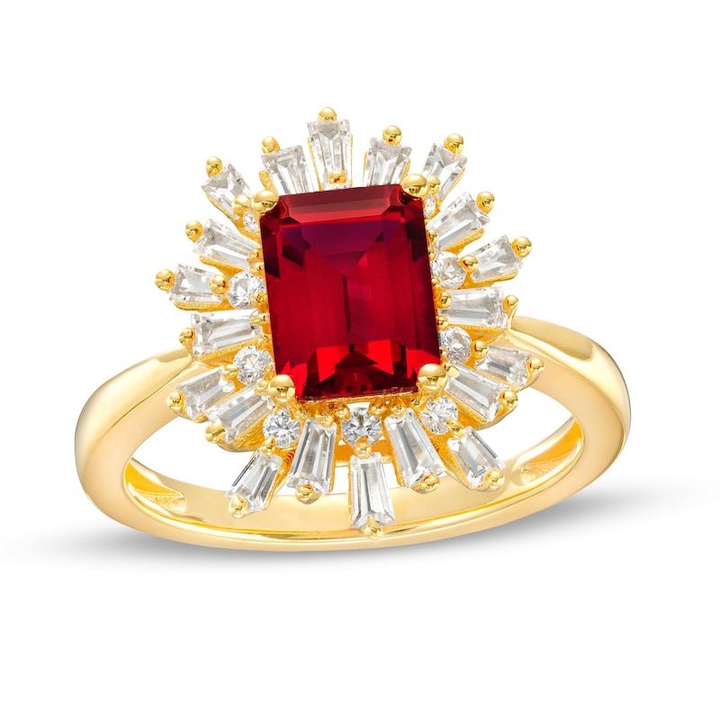 Main Image 1 of Octagonal Lab-Created Ruby and White Lab-Created Sapphire Starburst Frame Ring in Sterling Silver with 14K Gold Plate