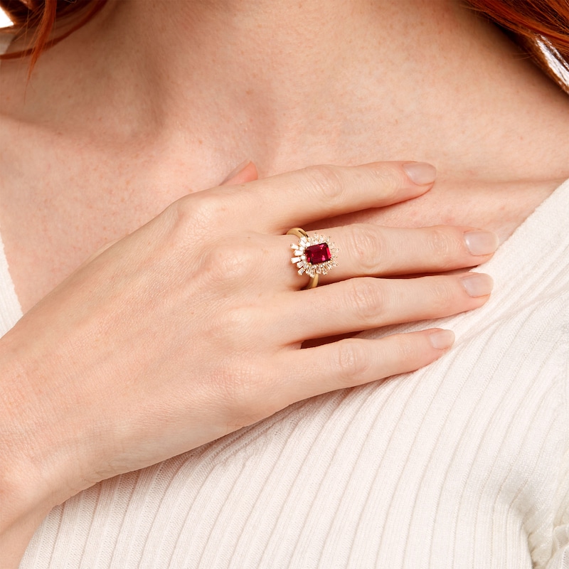 Main Image 2 of Octagonal Lab-Created Ruby and White Lab-Created Sapphire Starburst Frame Ring in Sterling Silver with 14K Gold Plate