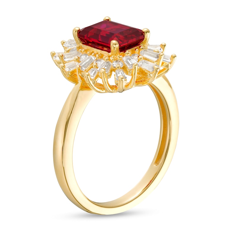 Main Image 3 of Octagonal Lab-Created Ruby and White Lab-Created Sapphire Starburst Frame Ring in Sterling Silver with 14K Gold Plate