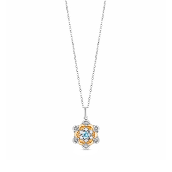 Enchanted Disney Jasmine Swiss Blue Topaz and 1/10 CT. T.w. Diamond Flower Drop Pendant in Sterling Silver and 10K Gold