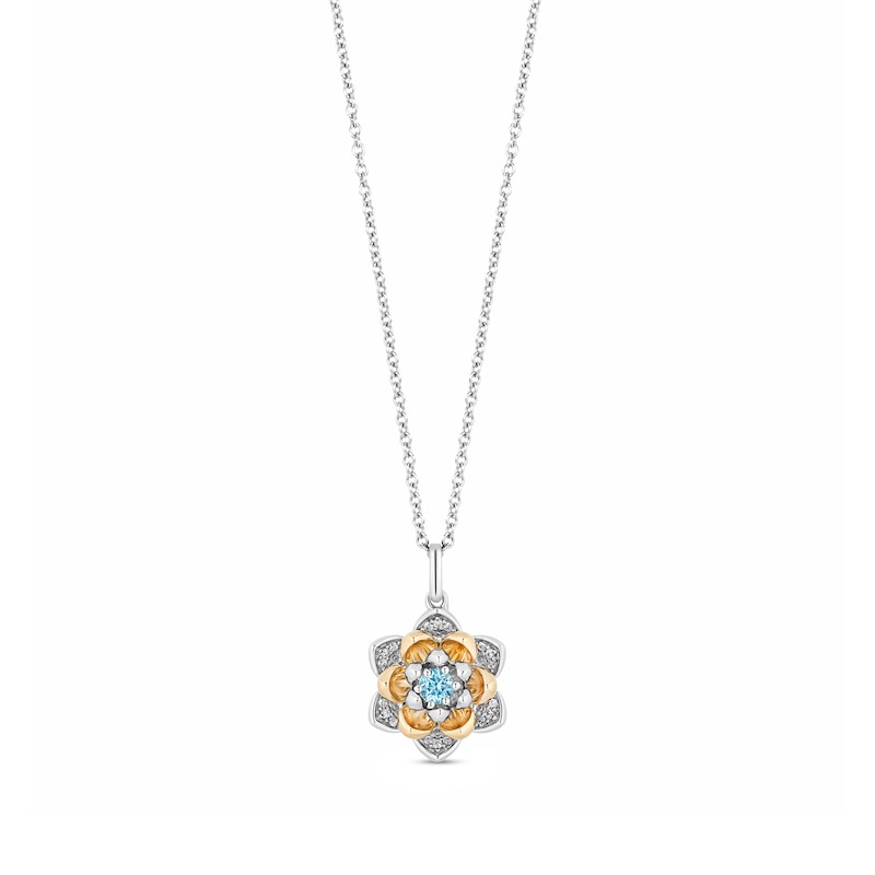 Main Image 1 of Enchanted Disney Jasmine Swiss Blue Topaz and 1/10 CT. T.W. Diamond Flower Drop Pendant in Sterling Silver and 10K Gold