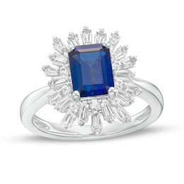Octagonal Blue Lab-Created Sapphire and White Lab-Created Sapphire Starburst Frame Ring in Sterling Silver