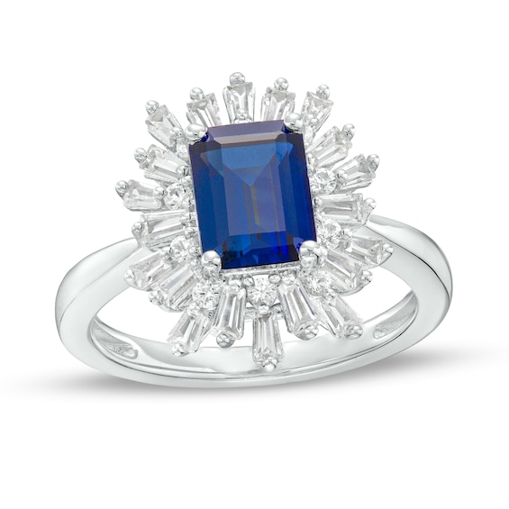 Octagonal Blue Lab-Created Sapphire and White Lab-Created Sapphire Starburst Frame Ring in Sterling Silver