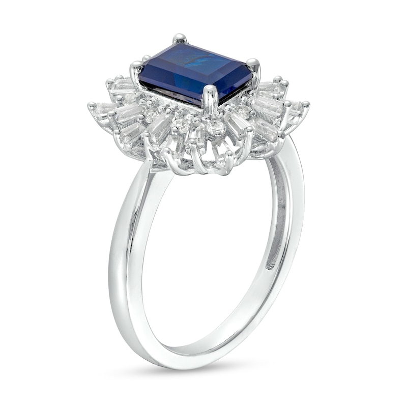 Main Image 3 of Octagonal Blue Lab-Created Sapphire and White Lab-Created Sapphire Starburst Frame Ring in Sterling Silver