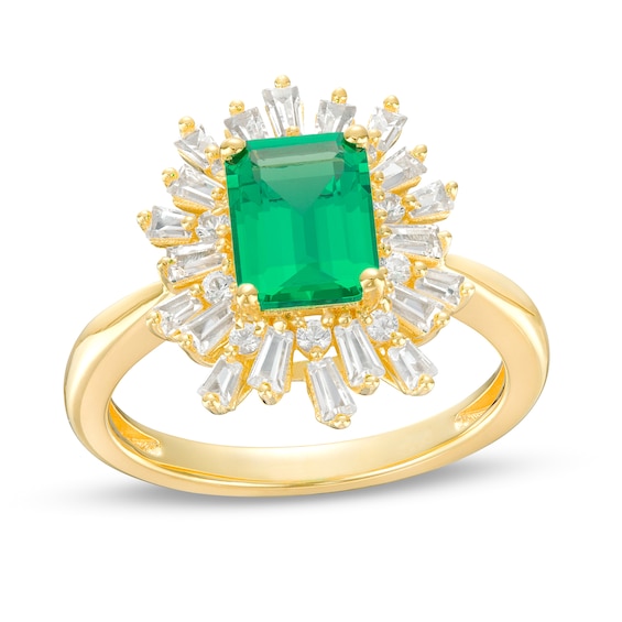 Octagonal Lab-Created Emerald and White Lab-Created Sapphire Starburst Frame Ring in Sterling Silver with 14K Gold Plate