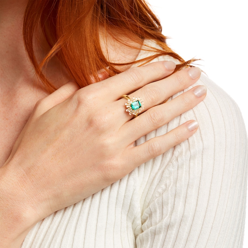 Main Image 2 of Octagonal Lab-Created Emerald and White Lab-Created Sapphire Starburst Frame Ring in Sterling Silver with 14K Gold Plate