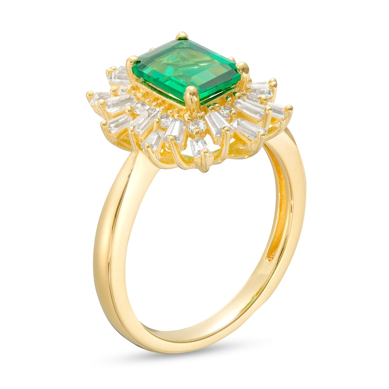 Main Image 3 of Octagonal Lab-Created Emerald and White Lab-Created Sapphire Starburst Frame Ring in Sterling Silver with 14K Gold Plate
