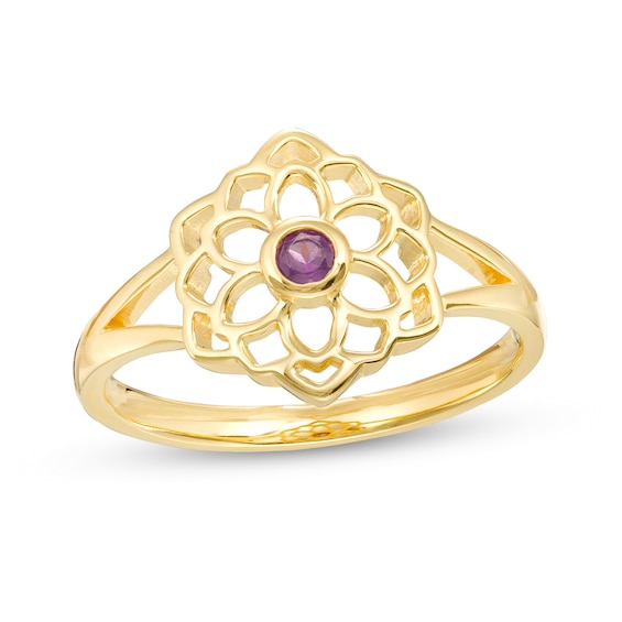 Amethyst Solitaire Crown Chakra Symbol Split Shank Ring in Sterling Silver with 18K Gold Plate â Size 7
