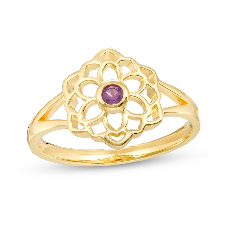 Main Image 1 of Amethyst Solitaire Crown Chakra Symbol Split Shank Ring in Sterling Silver with 18K Gold Plate – Size 7