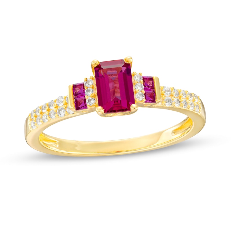 Main Image 1 of Octagonal Lab-Created Ruby and White Lab-Created Sapphire Double Collar Ring in Sterling Silver with 14K Gold Plate