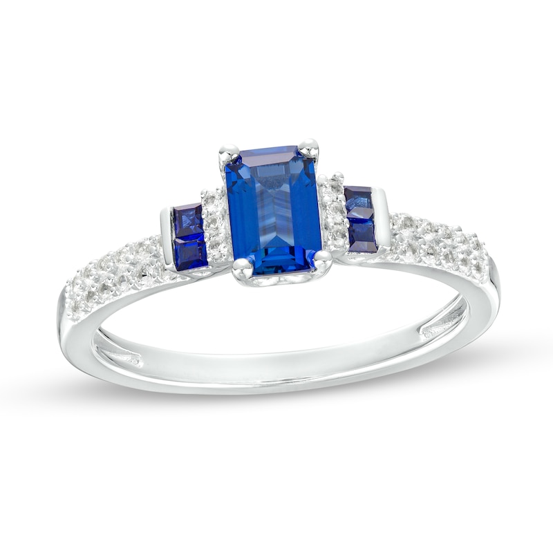 Main Image 1 of Octagonal Blue Lab-Created Sapphire and White Lab-Created Sapphire Double Collar Ring in Sterling Silver