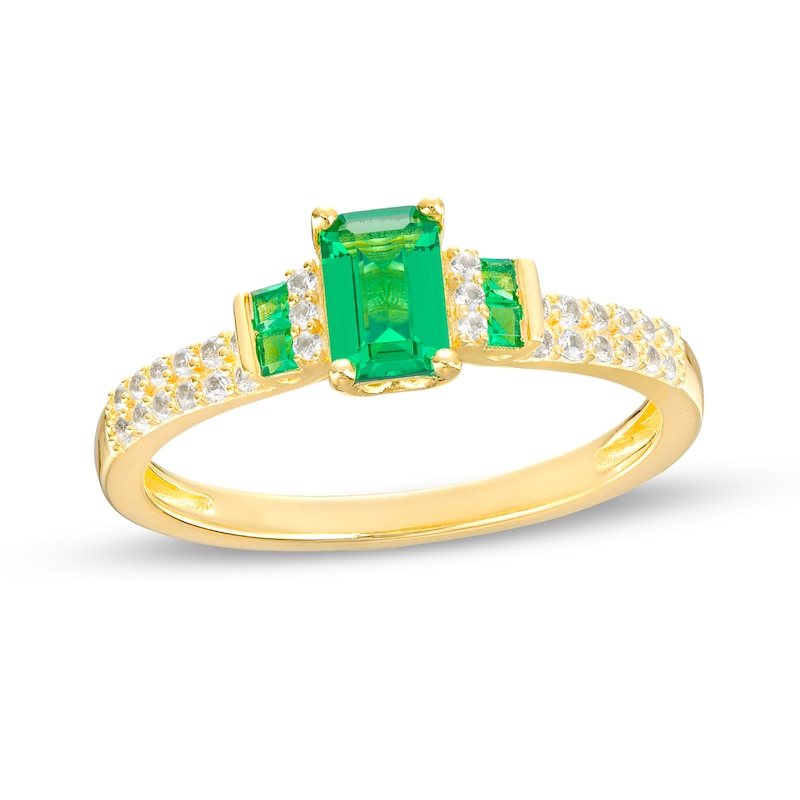 Main Image 1 of Octagonal Lab-Created Emerald and White Lab-Created Sapphire Double Collar Ring in Sterling Silver with 14K Gold Plate