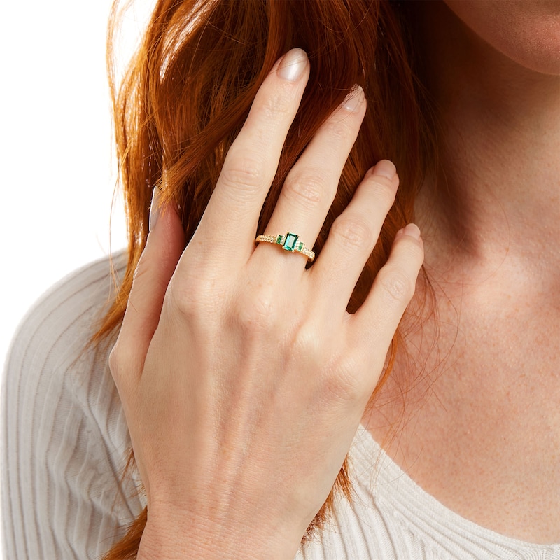 Main Image 2 of Octagonal Lab-Created Emerald and White Lab-Created Sapphire Double Collar Ring in Sterling Silver with 14K Gold Plate