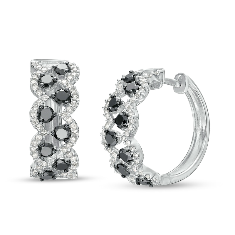 Main Image 1 of 1-3/4 CT. T.W. Black and White Diamond Double Row Zig-Zag Hoop Earrings in 10K White Gold
