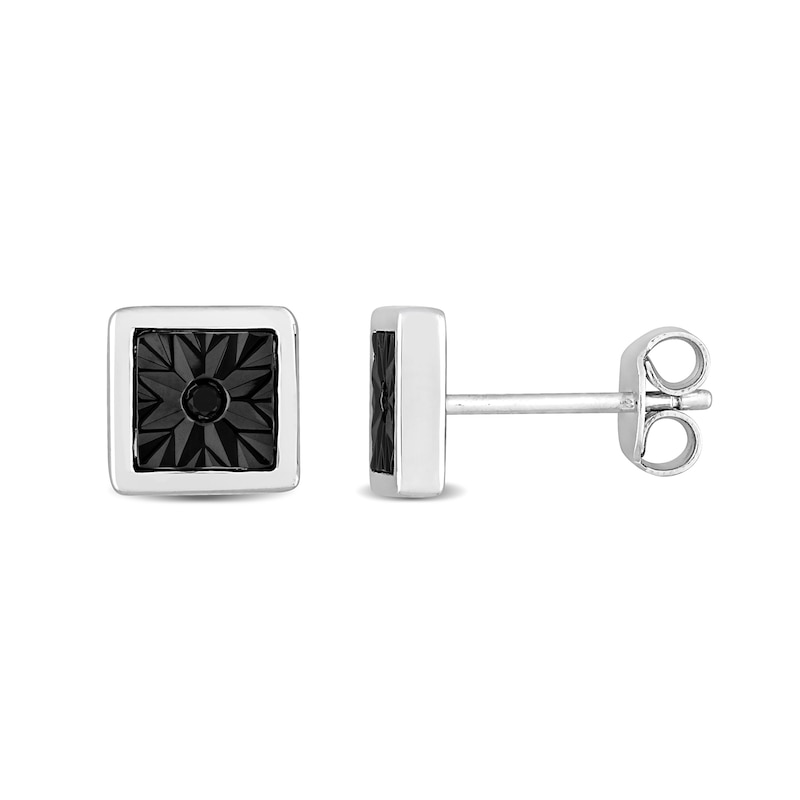 Men's Black Diamond Accent Sunburst Square Stud Earrings in Sterling Silver