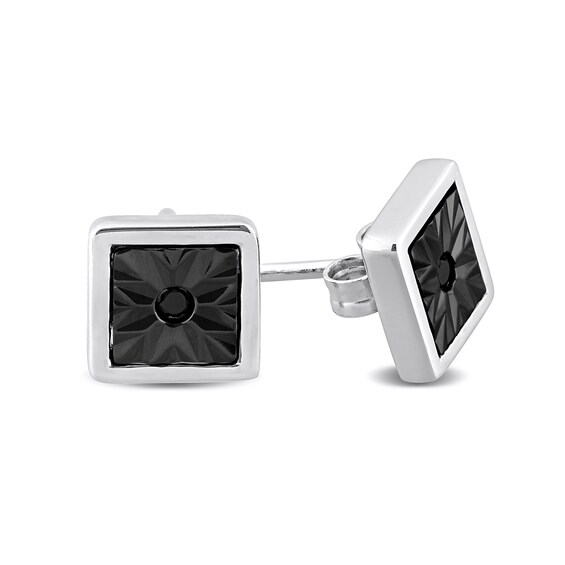 Black Diamond Accent Sunburst Square Stud Earrings in Sterling Silver