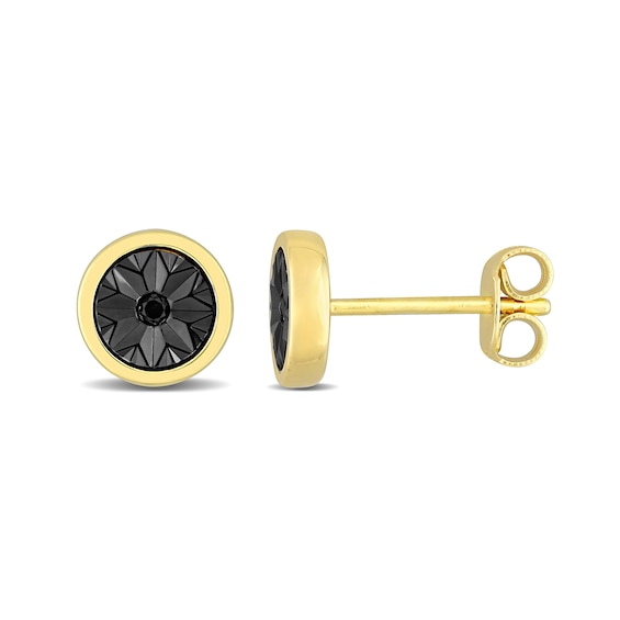 Black Diamond Accent Sunburst Circle Stud Earrings in Sterling Silver with Yellow Rhodium