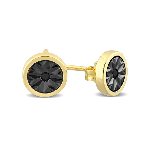 Black Diamond Accent Sunburst Circle Stud Earrings in Sterling Silver with Yellow Rhodium