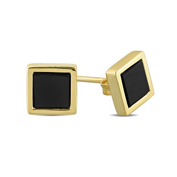 5.3mm Square Onyx Stud Earrings in Sterling Silver and Yellow Rhodium