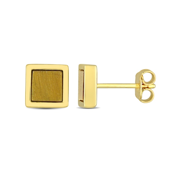 5.3mm Square Tiger's Eye Stud Earrings in Sterling Silver with Yellow Rhodium
